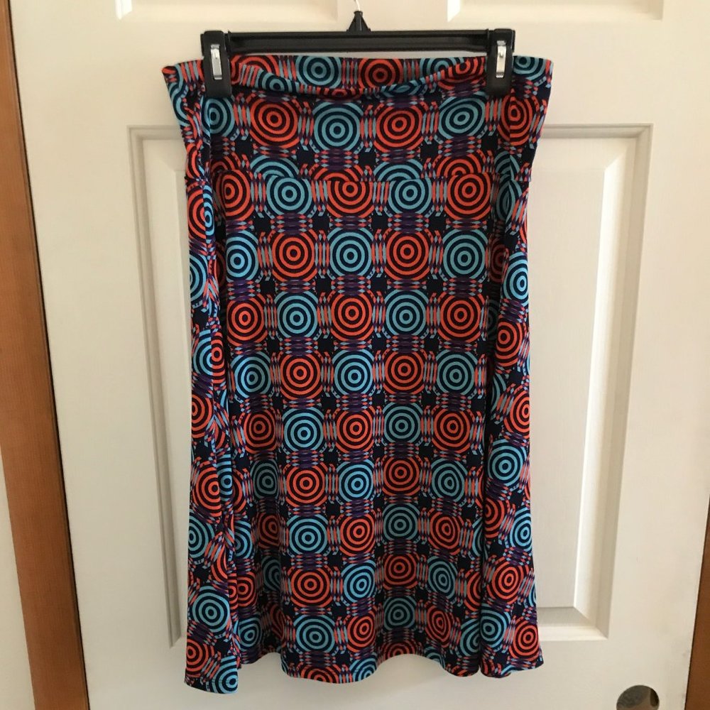 Blue, Orange, Purple, Black Lularoe Circle Patterned Midi-Skirt.